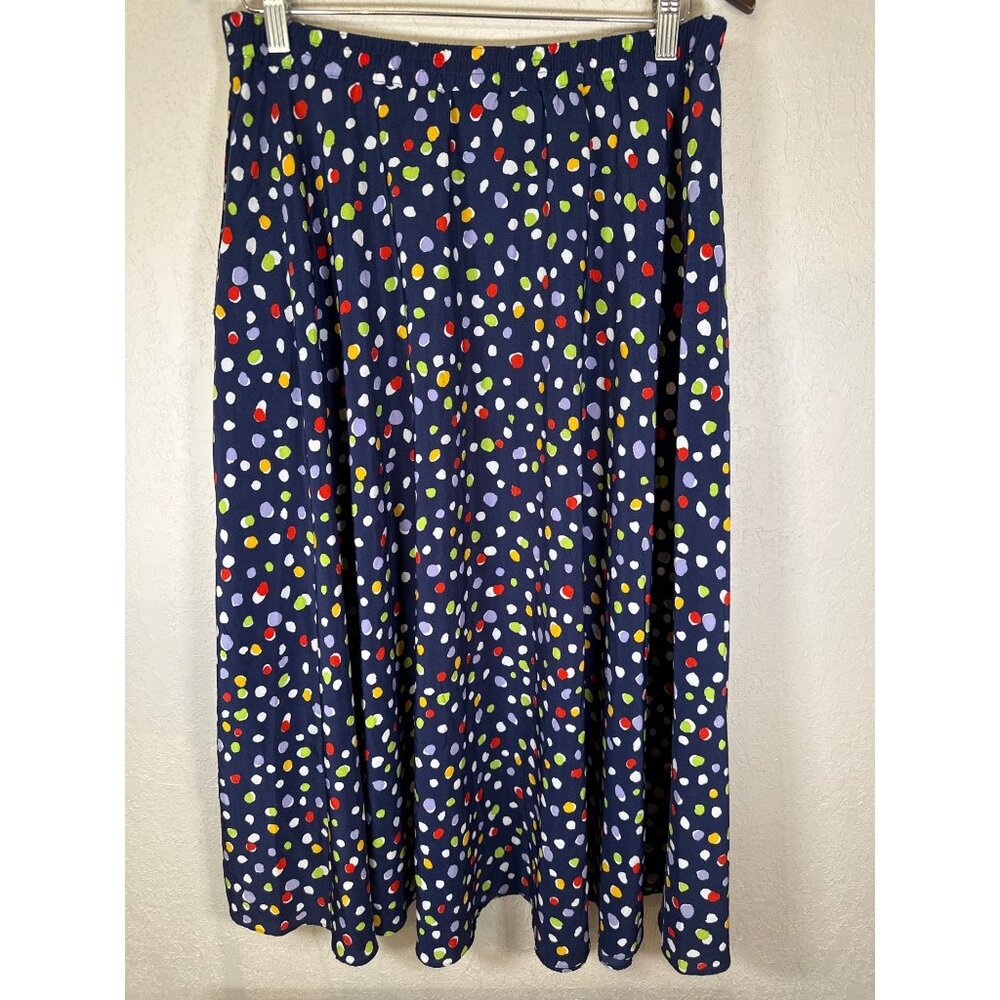 1990s Vintage Long Skirt Colorful Dots Navy 14 W Plus Size Women's Deep Side Poc